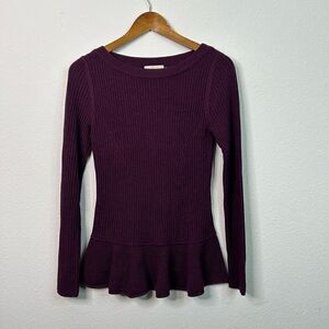 Tory Burch Women’s Ribbed Purple 100% Merino Wool Peplum Sweater Size M